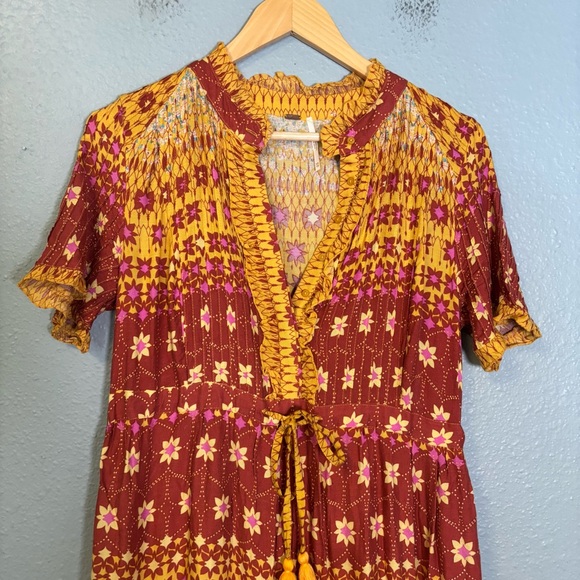 Free People Rare Feeling Red and Yellow Floral Maxi Dress XS Cottagecore Peasant - Picture 5 of 13